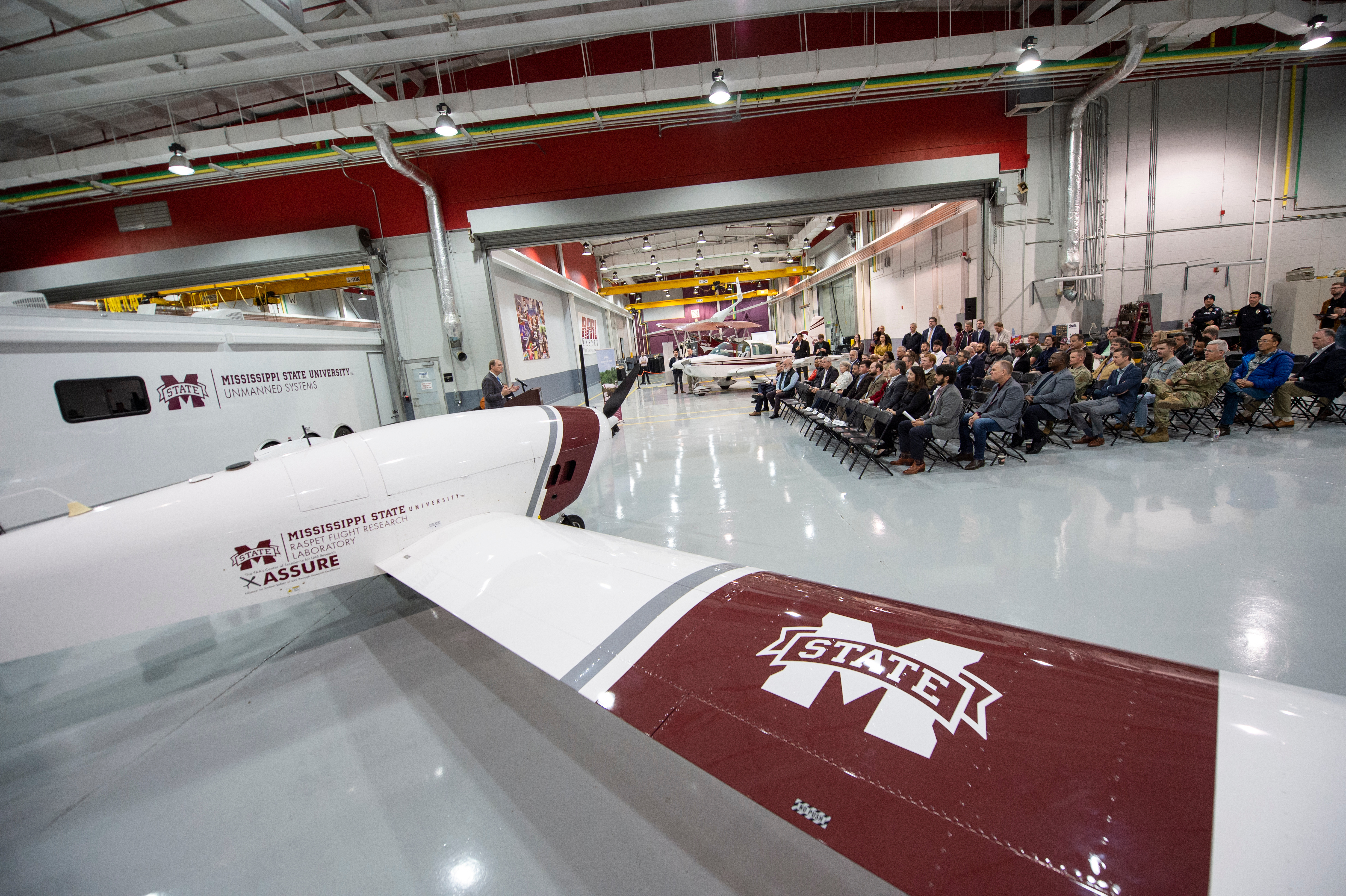 MSU President Mark E. Keenum speaks during the unveiling of Teros, MSU’s newest uncrewed aircraft system. Capable of flying for 24 hours without refueling and carrying a 600-pound payload, it is the largest UAS at any U.S. academic research institution. (Photo by Megan Bean)