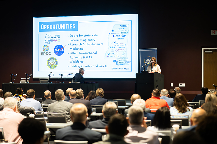 The Mississippi Enterprise for Technology and Mississippi State University hosted industry, academic and government partners from across the Magnolia State for the Mississippi Aerospace and Defense Symposium. (Photo by Grace Cockrell)